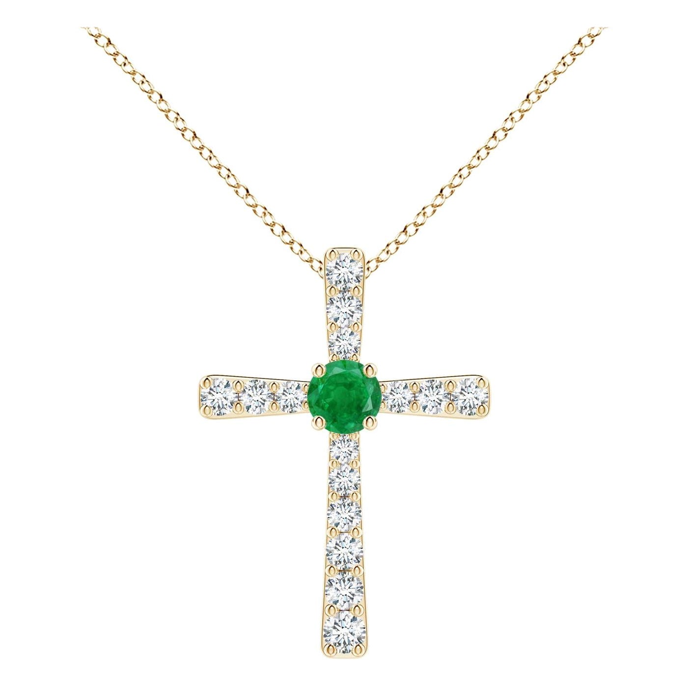 Pendentif croix en or jaune 14K avec émeraude naturelle et diamant Angara pour femme