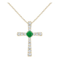 Pendentif croix en or jaune 14K avec émeraude naturelle et diamant Angara pour femme