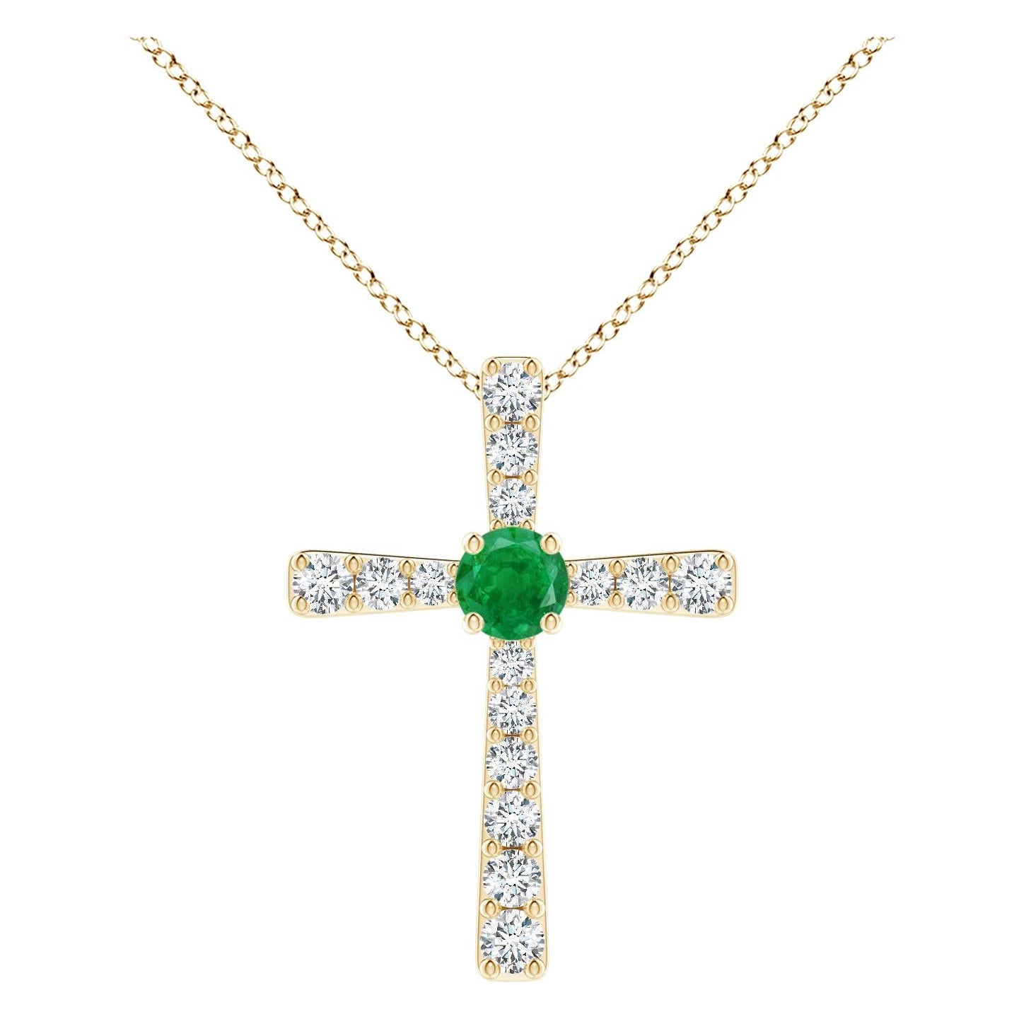Pendentif croix en or jaune 14K avec émeraude naturelle et diamant Angara pour femme