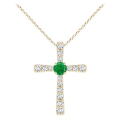 Pendentif croix en or jaune 14K avec émeraude naturelle et diamant Angara pour femme