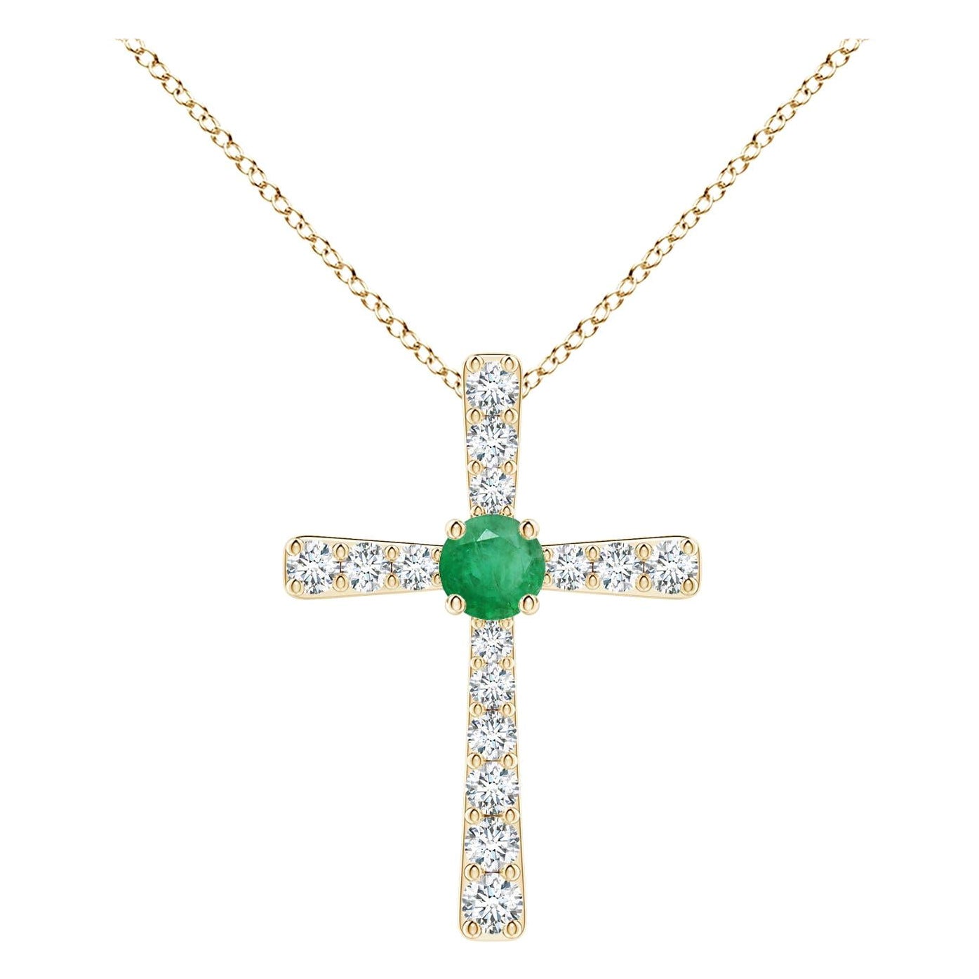 Pendentif croix en or jaune 14K avec émeraude naturelle et diamant Angara pour femme