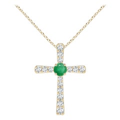 Pendentif croix en or jaune 14K avec émeraude naturelle et diamant Angara pour femme