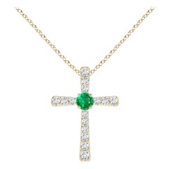Pendentif croix en or jaune 14K avec émeraude naturelle et diamant Angara pour femme