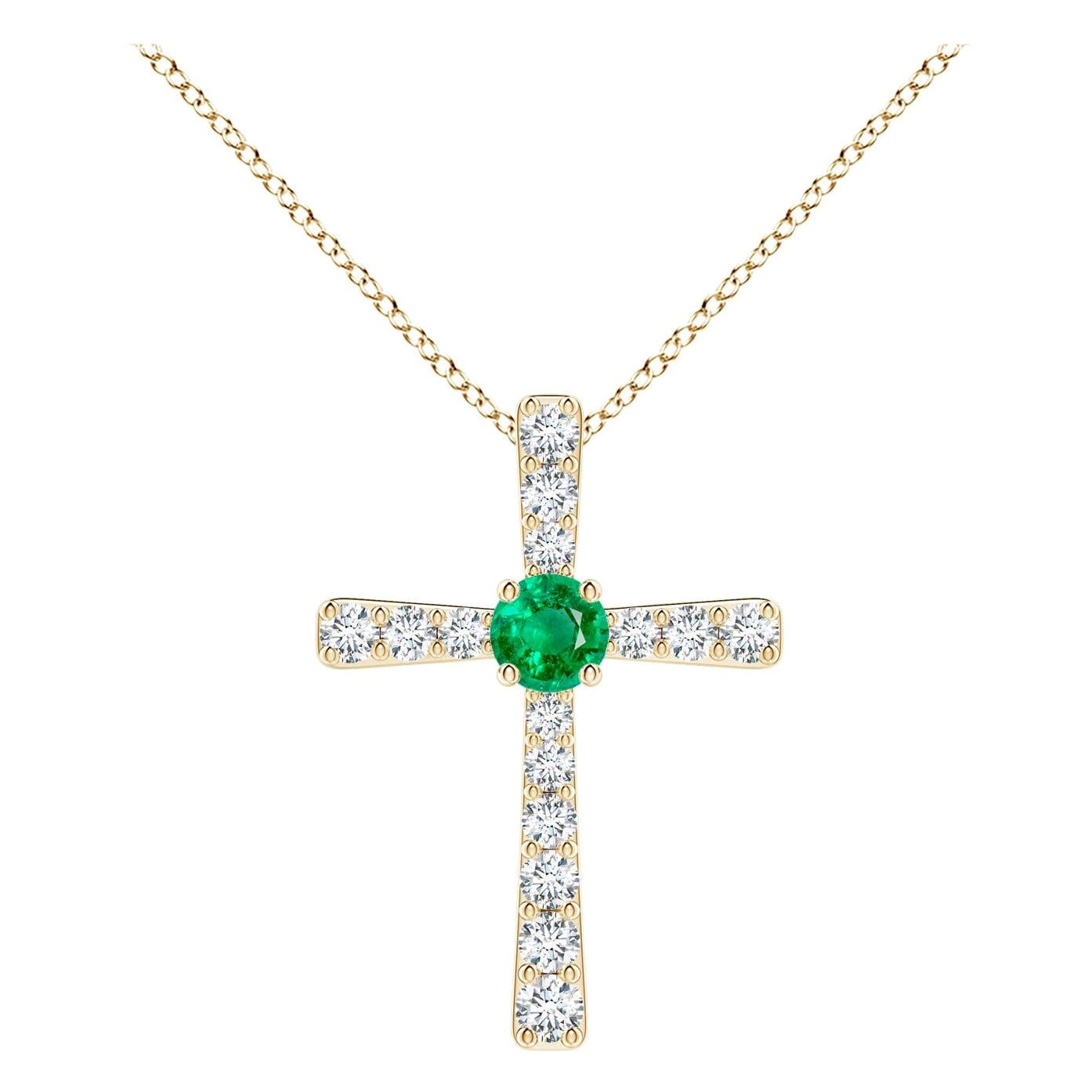 Colgante de esmeralda natural y cruz de diamantes Angara en oro amarillo de 14 quilates para mujer