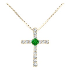 Pendentif croix en or jaune 14K avec émeraude naturelle et diamant Angara pour femme