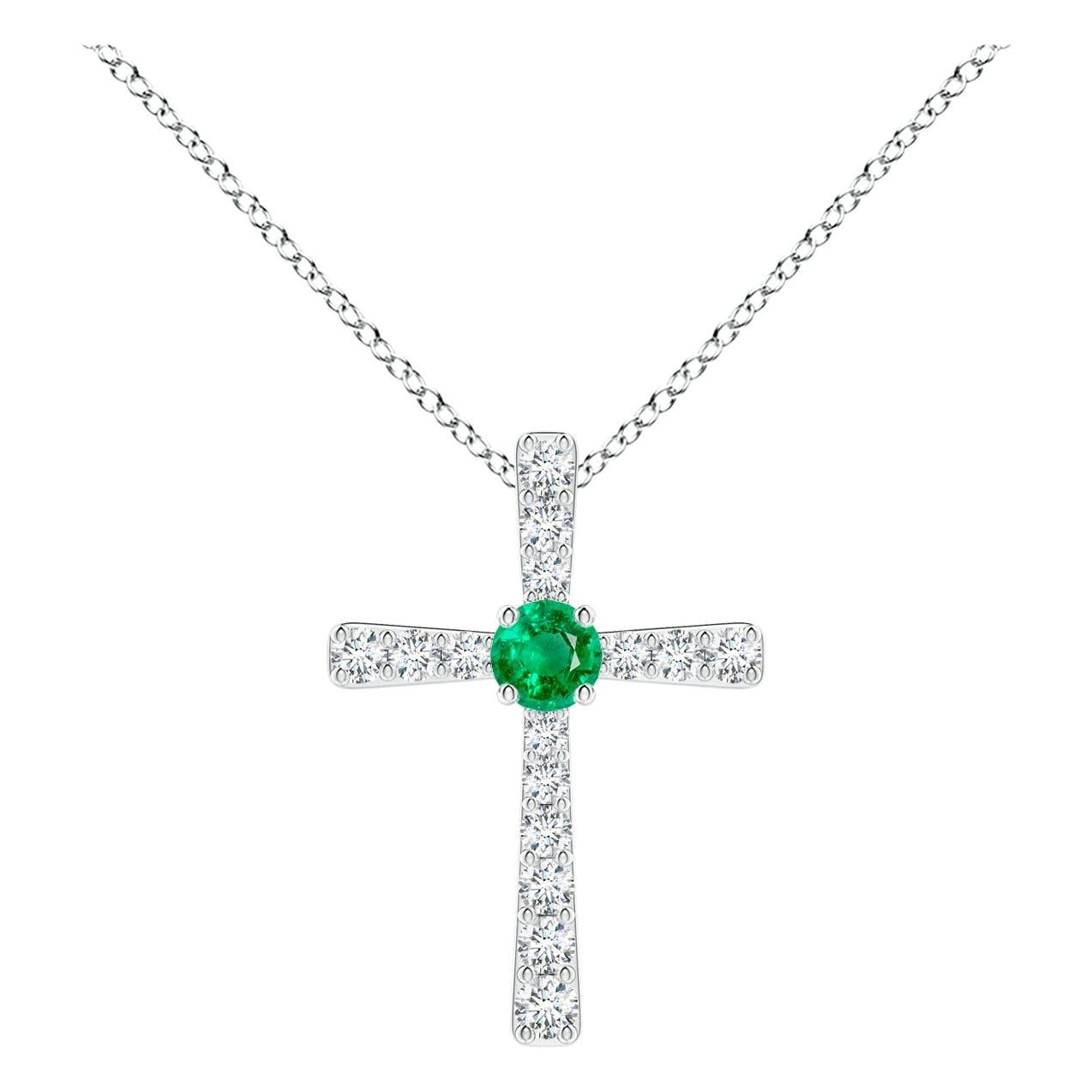 Ciondolo a croce con smeraldo naturale e diamante di Angara in platino per donna in vendita