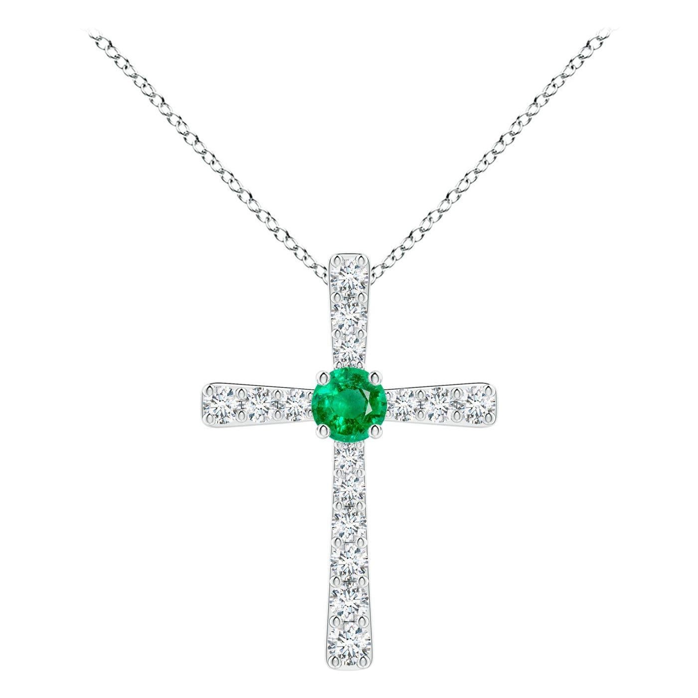 Colgante Cruz de Esmeralda Natural y Diamante Angara en Platino para Mujer