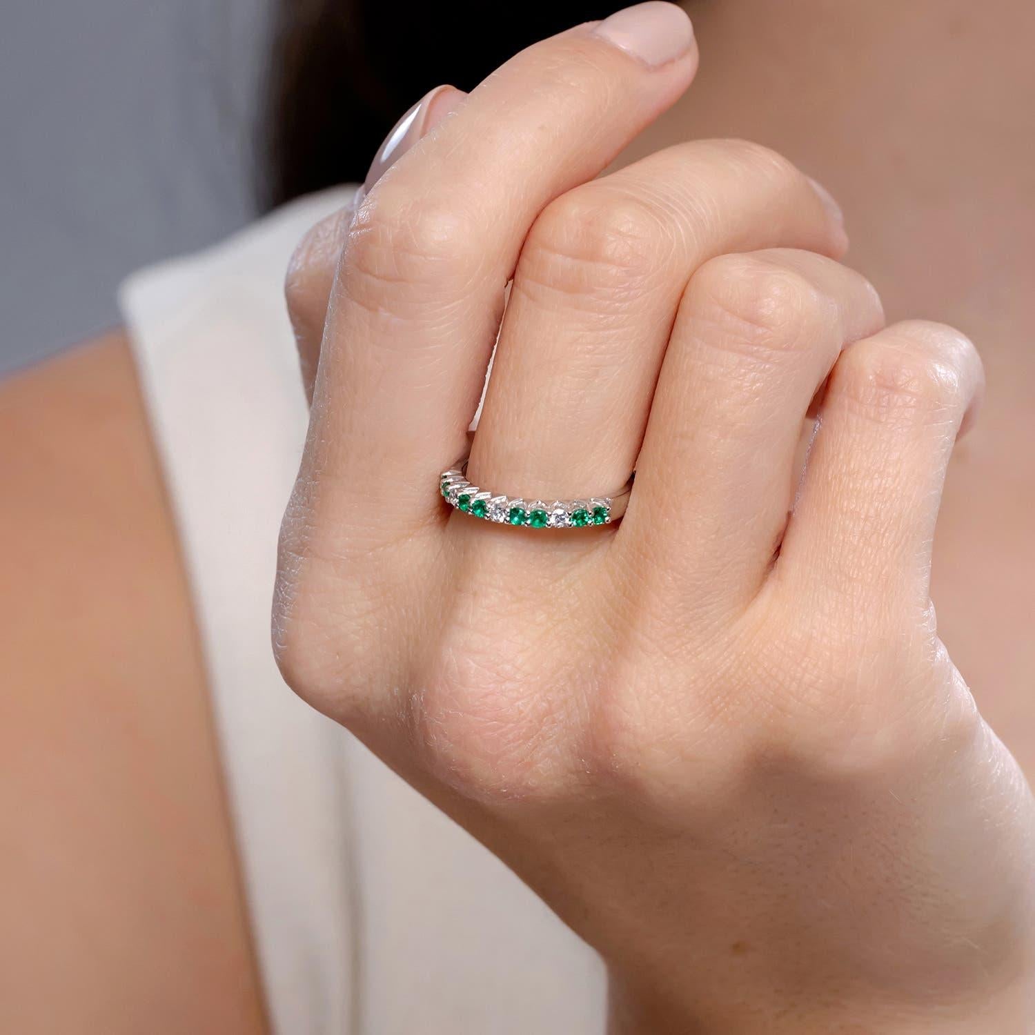 Modern Angara Natural Emerald and Diamond Half Eternity Wedding Ring in 14K Solid Gold For Sale