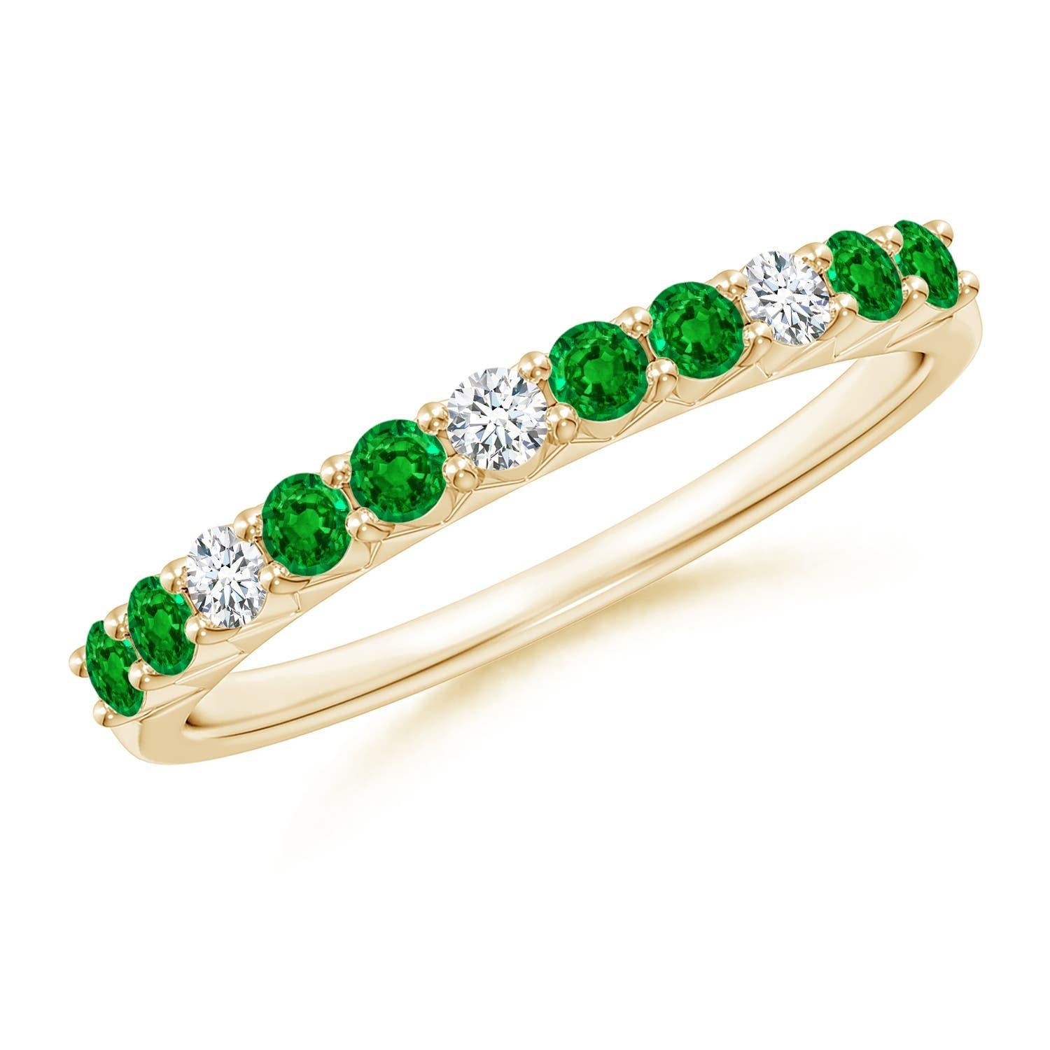 Women's Angara Natural Emerald and Diamond Half Eternity Wedding Ring in 14K Solid Gold For Sale