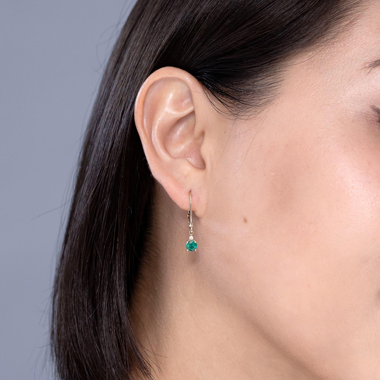 Modern Angara Natural Emerald and Diamond Leverback Drop Earrings in 14K Solid Gold For Sale