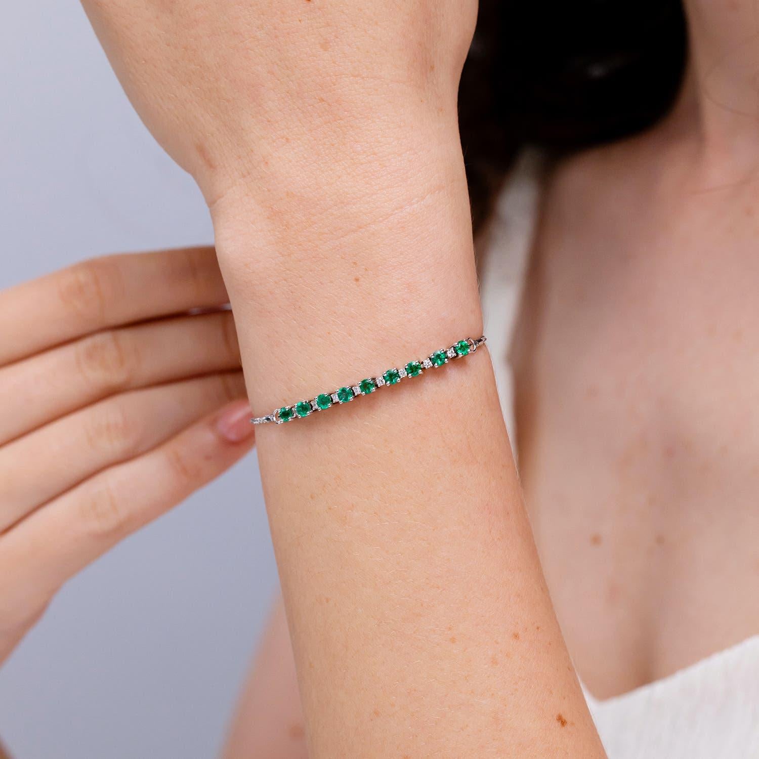 Modern Angara Natural Emerald and Diamond Tennis Bolo Bracelet in 14K Gold for Women For Sale