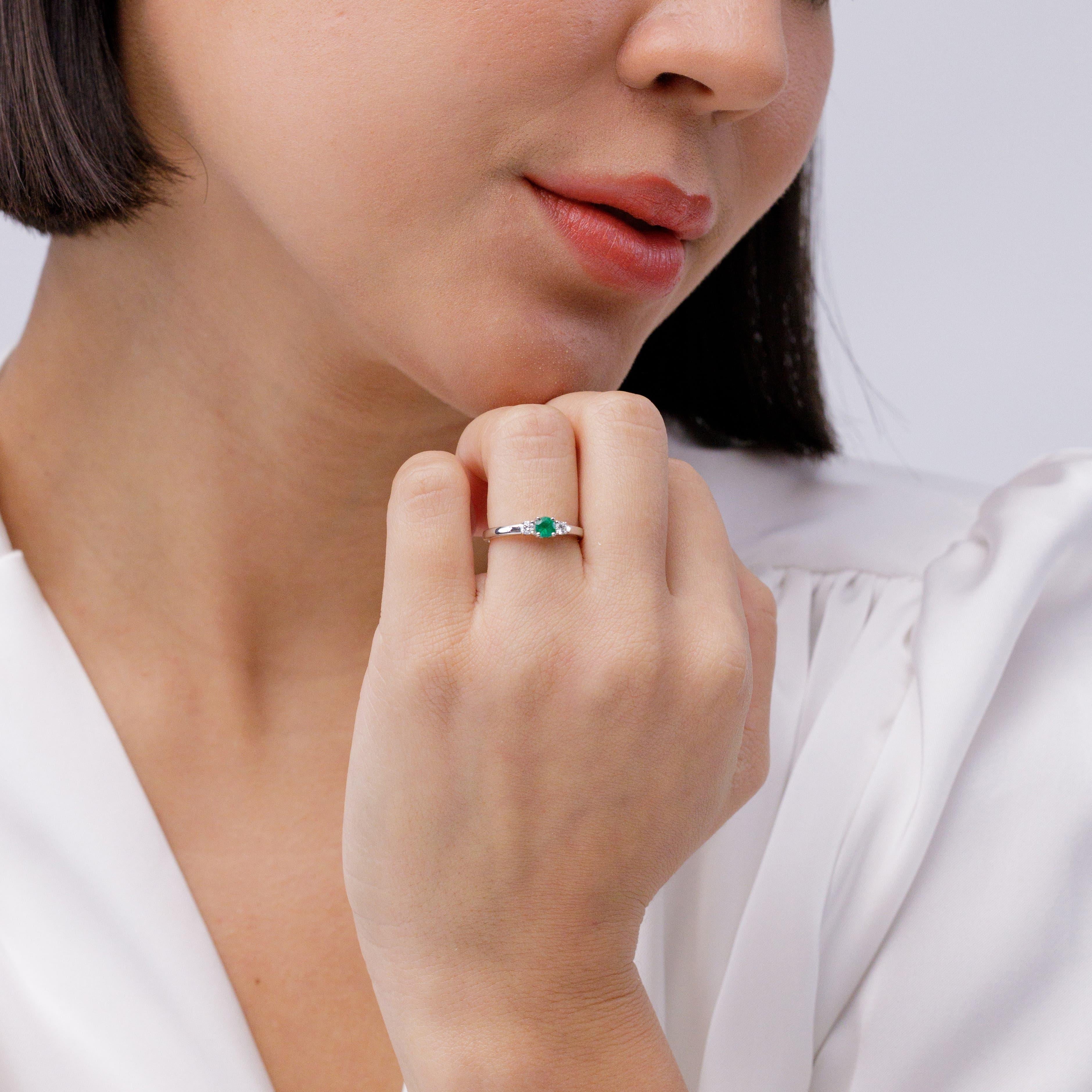 Modern Angara Natural Emerald and Diamond Three Stone Engagement Ring in 14K Solid Gold For Sale