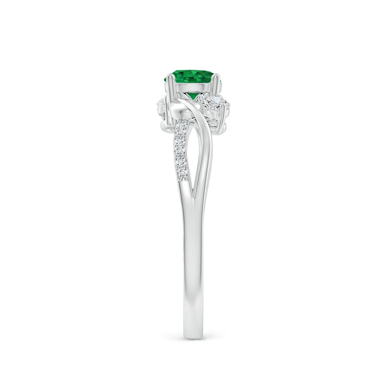 Round Cut Angara Natural Emerald and Diamond Twisted Vine Engagement Ring in 14K Gold For Sale