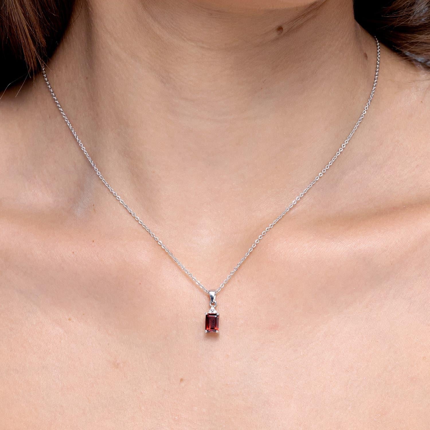 Modern Angara Natural Emerald-Cut 1.2 ct Garnet Pendant with Diamond in 14K Solid Gold For Sale