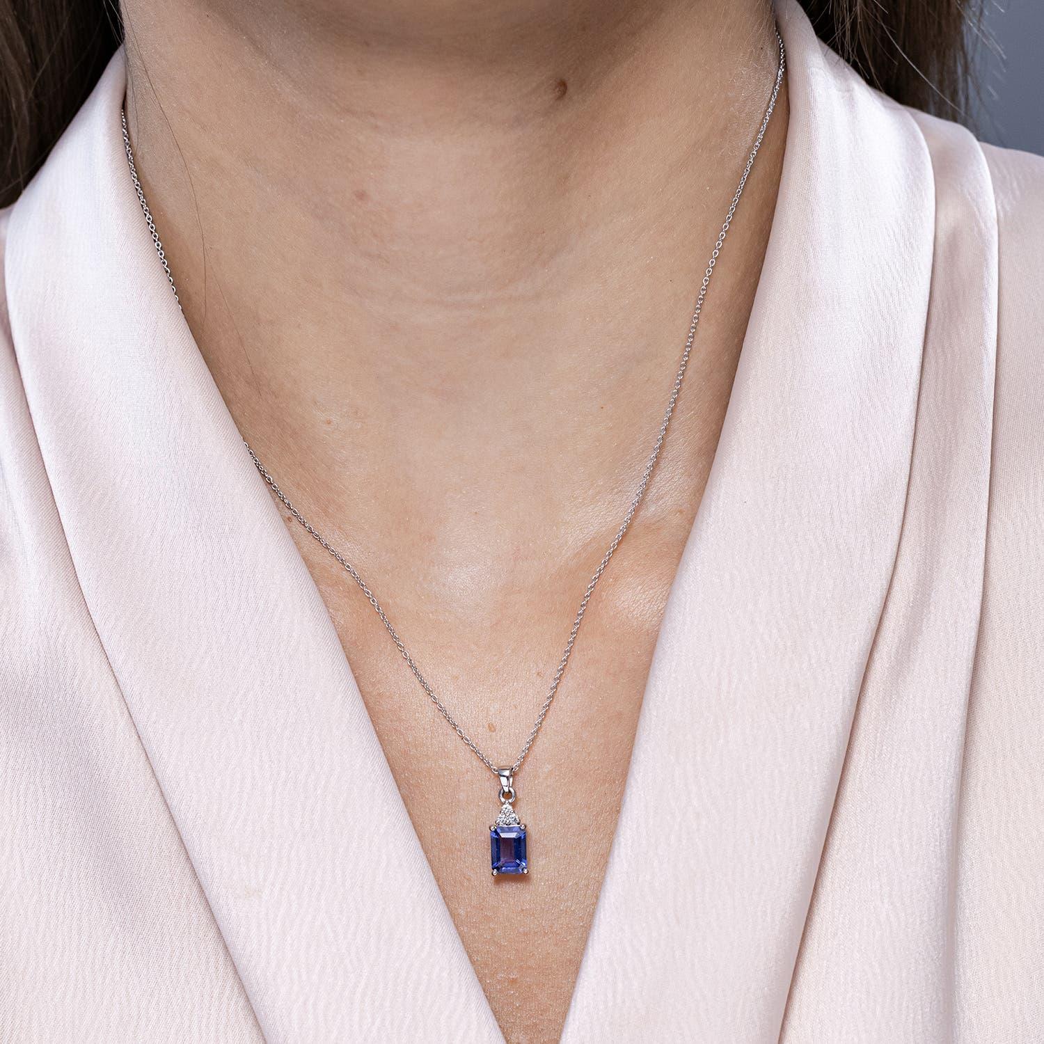 Modern Angara Natural Emerald-Cut 1.5ct Tanzanite Pendant with Diamond in 14K Solid Gol For Sale