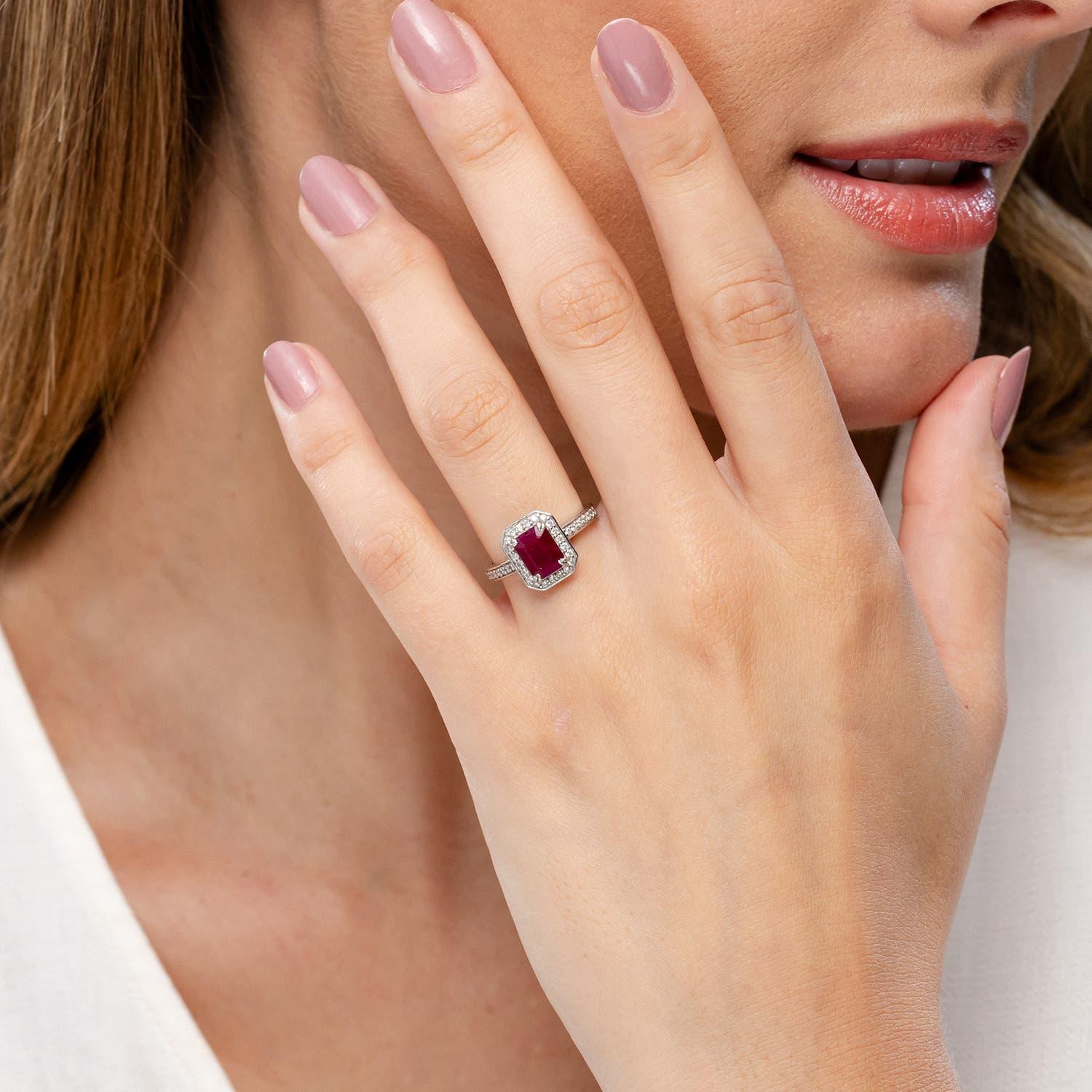 Modern Angara Natural Emerald-Cut 1.6 ct Ruby Engagement Halo Ring in 14K Solid Gold For Sale