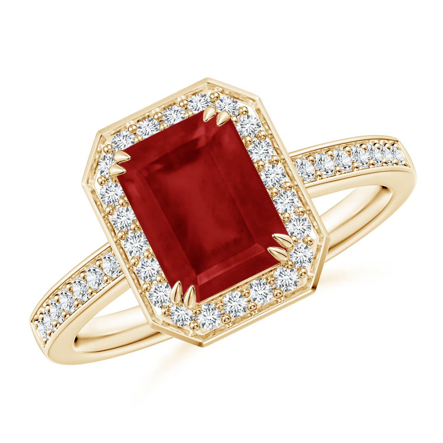 Angara Natural Emerald-Cut 1.6 ct Ruby Engagement Halo Ring in 14K Solid Gold For Sale 2
