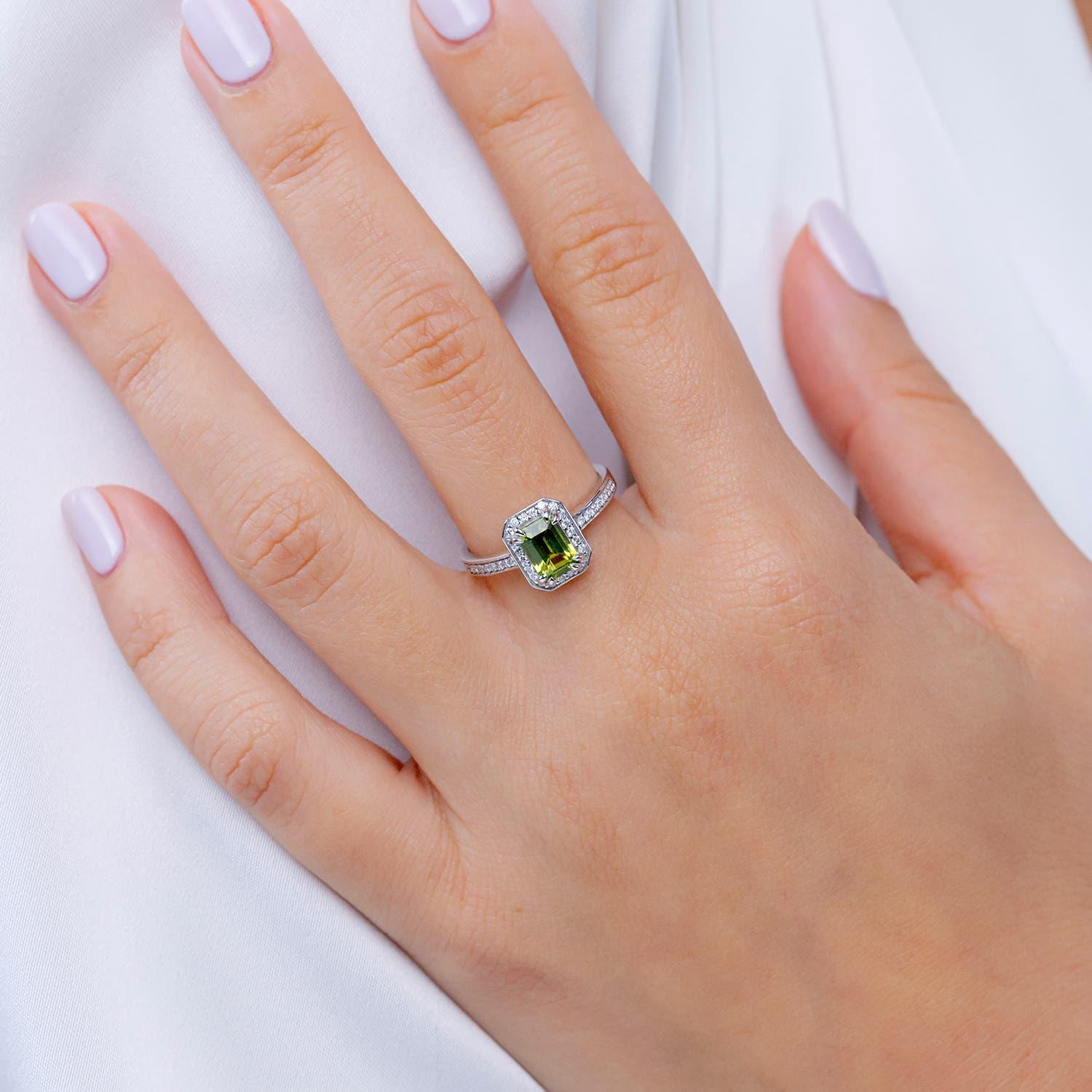 Modern Angara Natural Emerald-Cut 1ct Peridot Engagement Ring Diamond in 14K Solid Gold For Sale