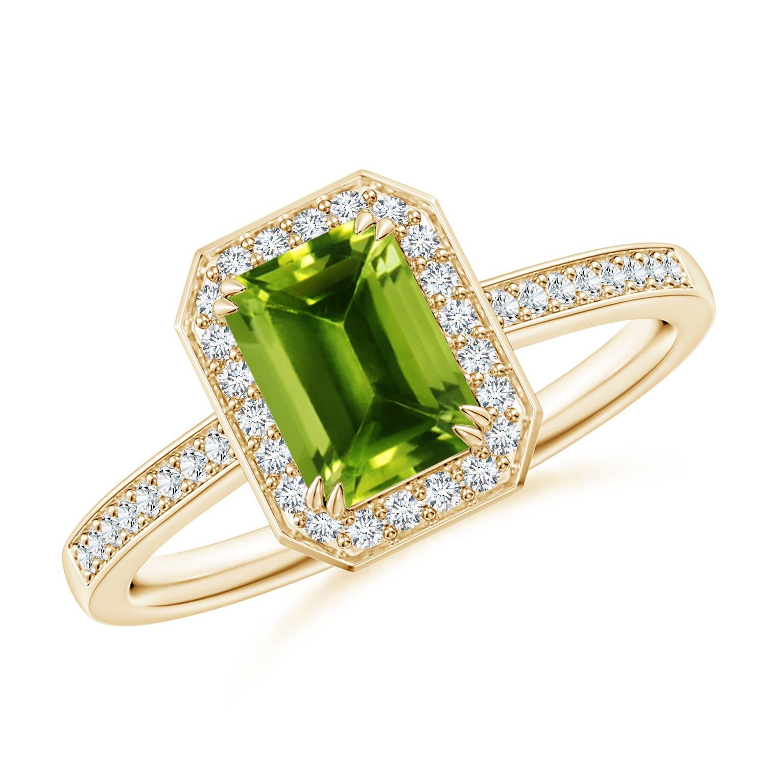 Women's Angara Natural Emerald-Cut 1ct Peridot Engagement Ring Diamond in 14K Solid Gold For Sale