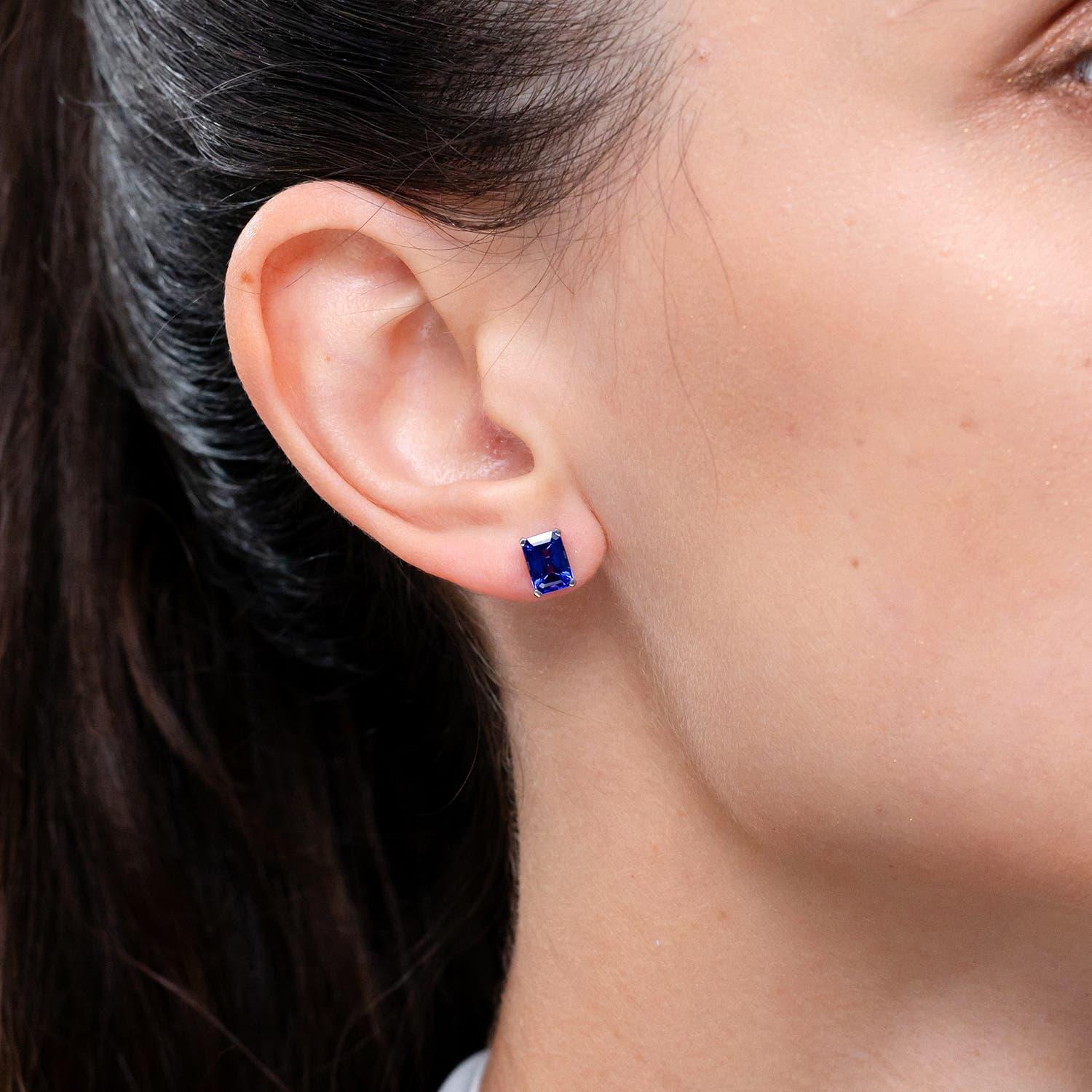 Modern Angara Natural Emerald-Cut 2 ct Tanzanite Solitaire Stud Earrings in 14K Gold For Sale