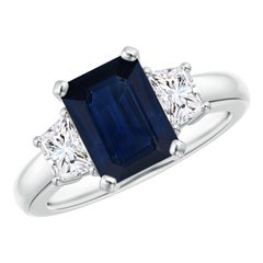 Angara Natürlicher Smaragd-Schliff 2,45 ct Blauer Saphir und Diamant Ring 14K Solid Gold