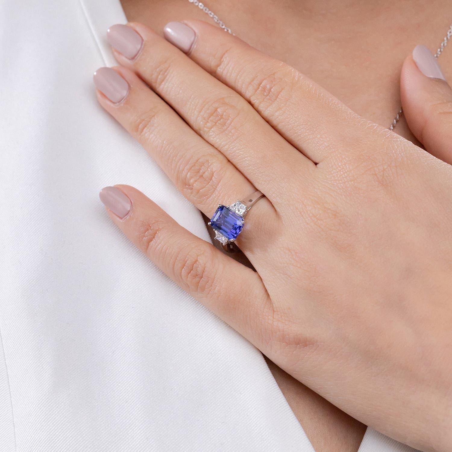 Emerald Cut Angara Natural Emerald-Cut 2.4ct Tanzanite & Diamond Engagement Ring in 14K Gold For Sale