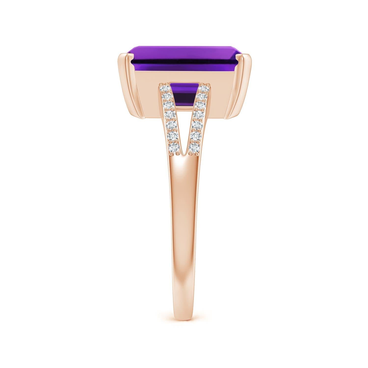 Emerald Cut Angara Natural Emerald-Cut 4 ct Amethyst Split Shank Cocktail Ring in 14K Gold For Sale