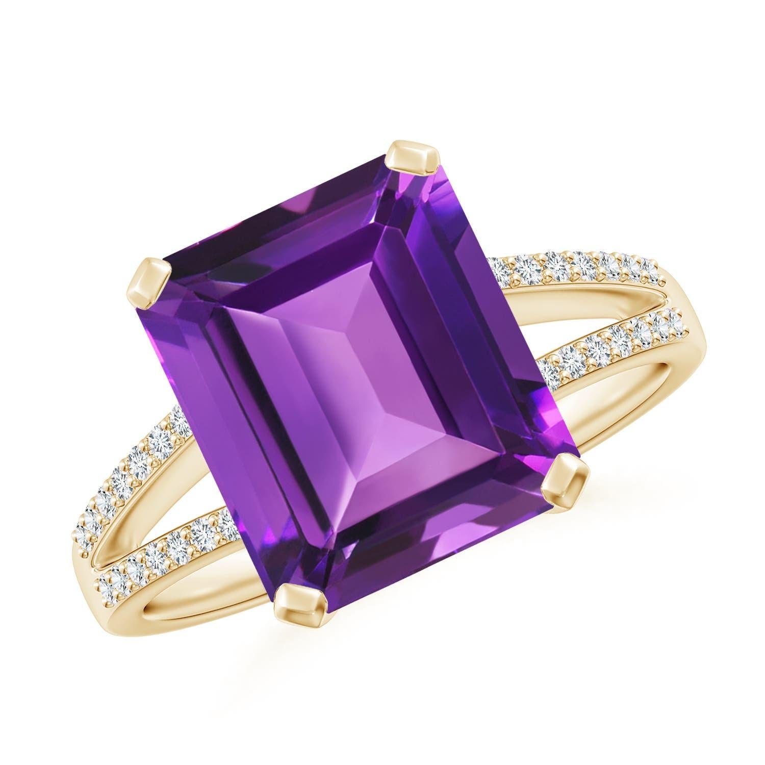 Angara Natural Emerald-Cut 4 ct Amethyst Split Shank Cocktail Ring in 14K Gold For Sale 1