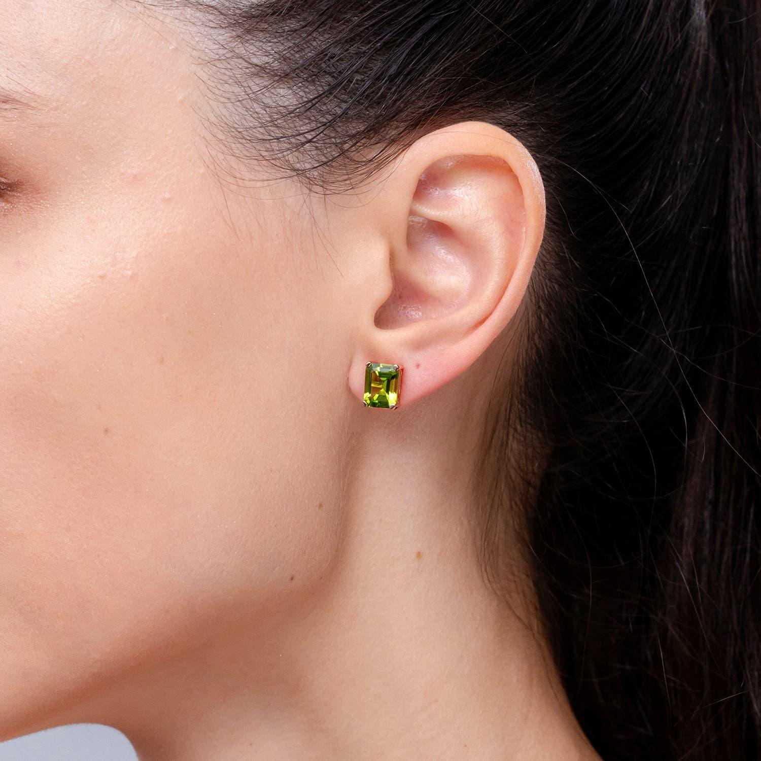 Modern Angara Natural Emerald-Cut 4.7 ct Peridot Solitaire Stud Earrings in 14K Gold For Sale