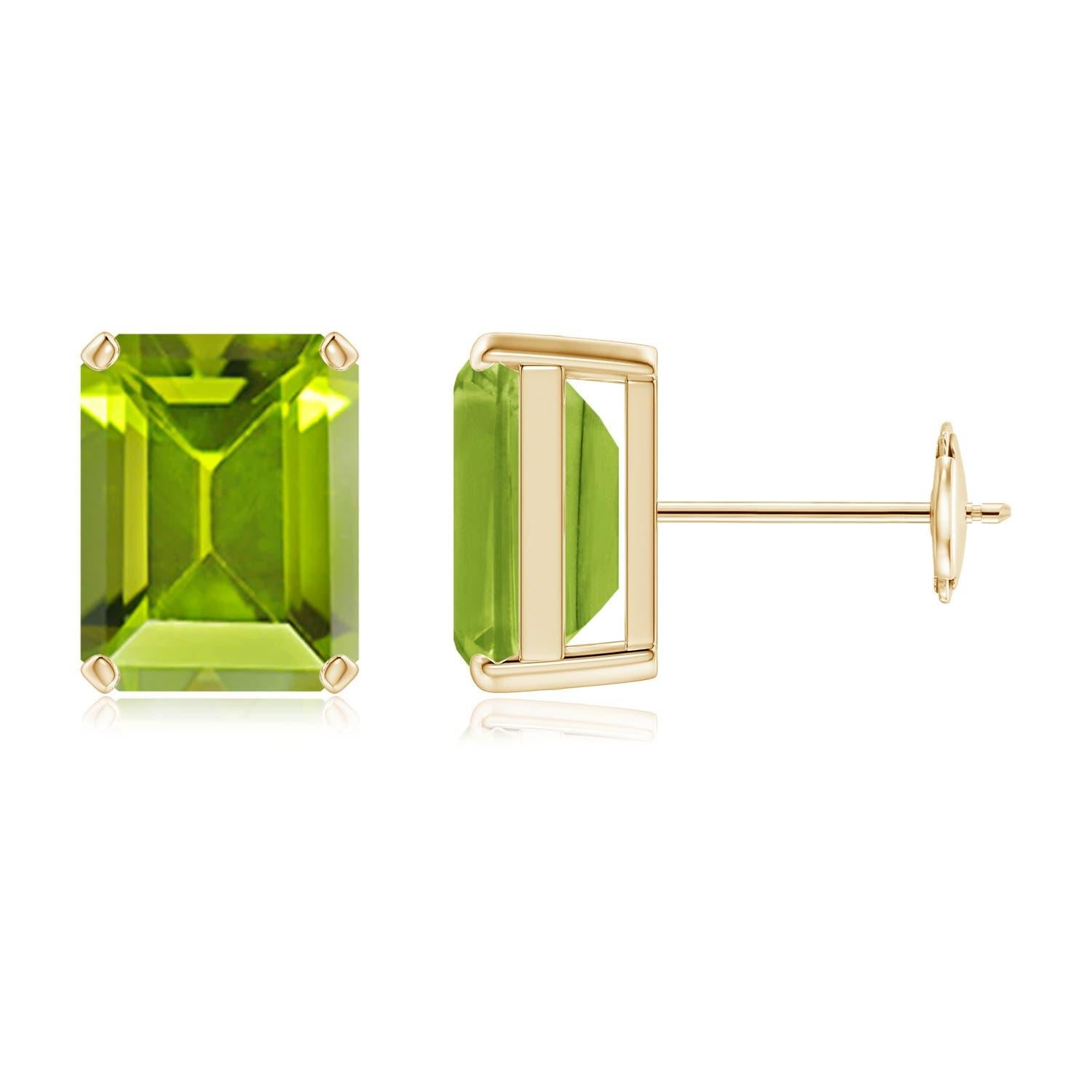 Angara Natural Emerald-Cut 4.7 ct Peridot Solitaire Stud Earrings in 14K Gold In New Condition For Sale In Los Angeles, CA