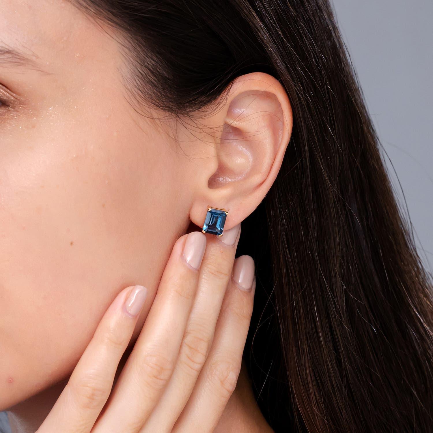 Modern Angara Natural Emerald-Cut 5.5 ct London Blue Topaz Earrings in 14K Solid Gold For Sale