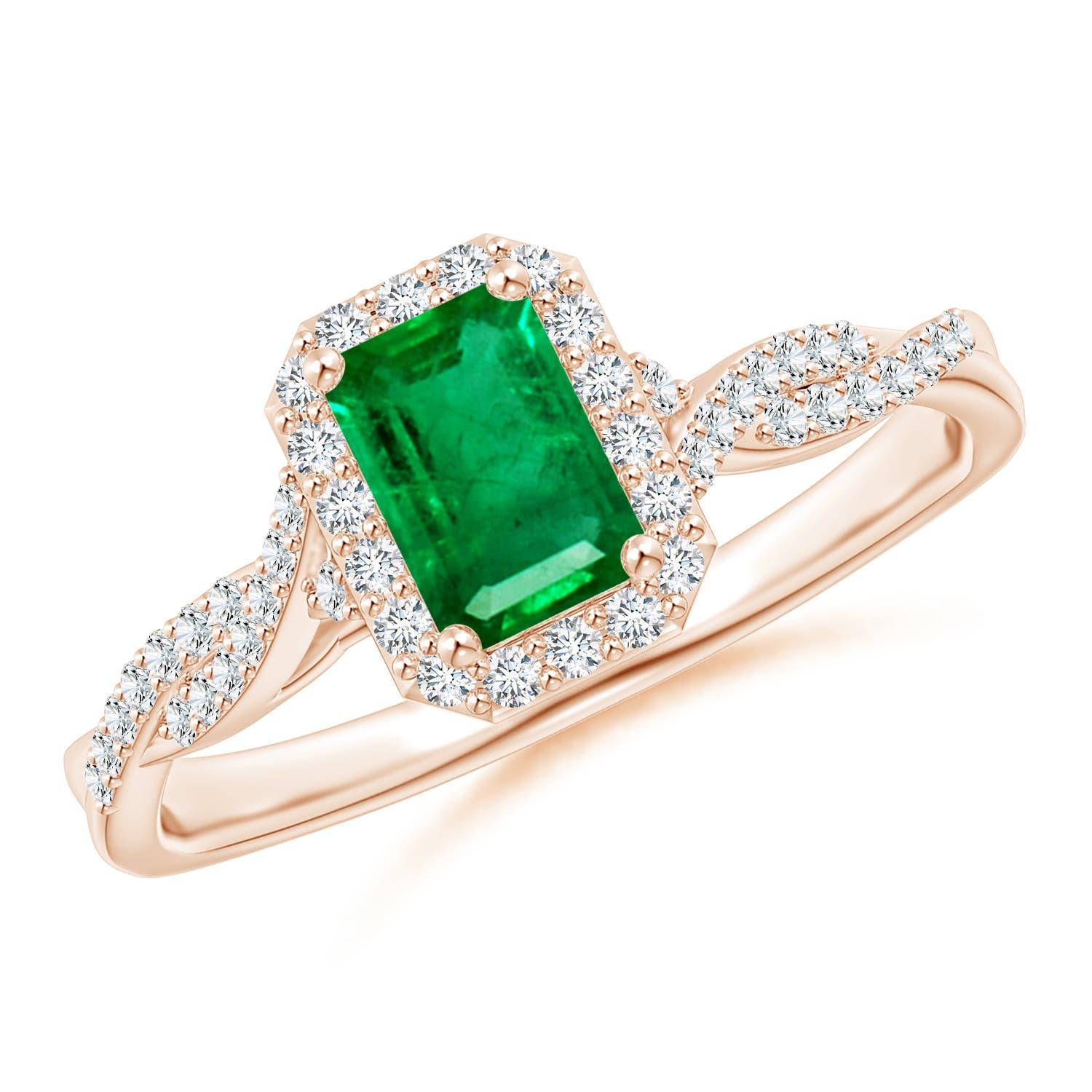 Bague Angara en or massif 14 carats avec halo d'émeraudes naturelles et tige torsadée en vente 3