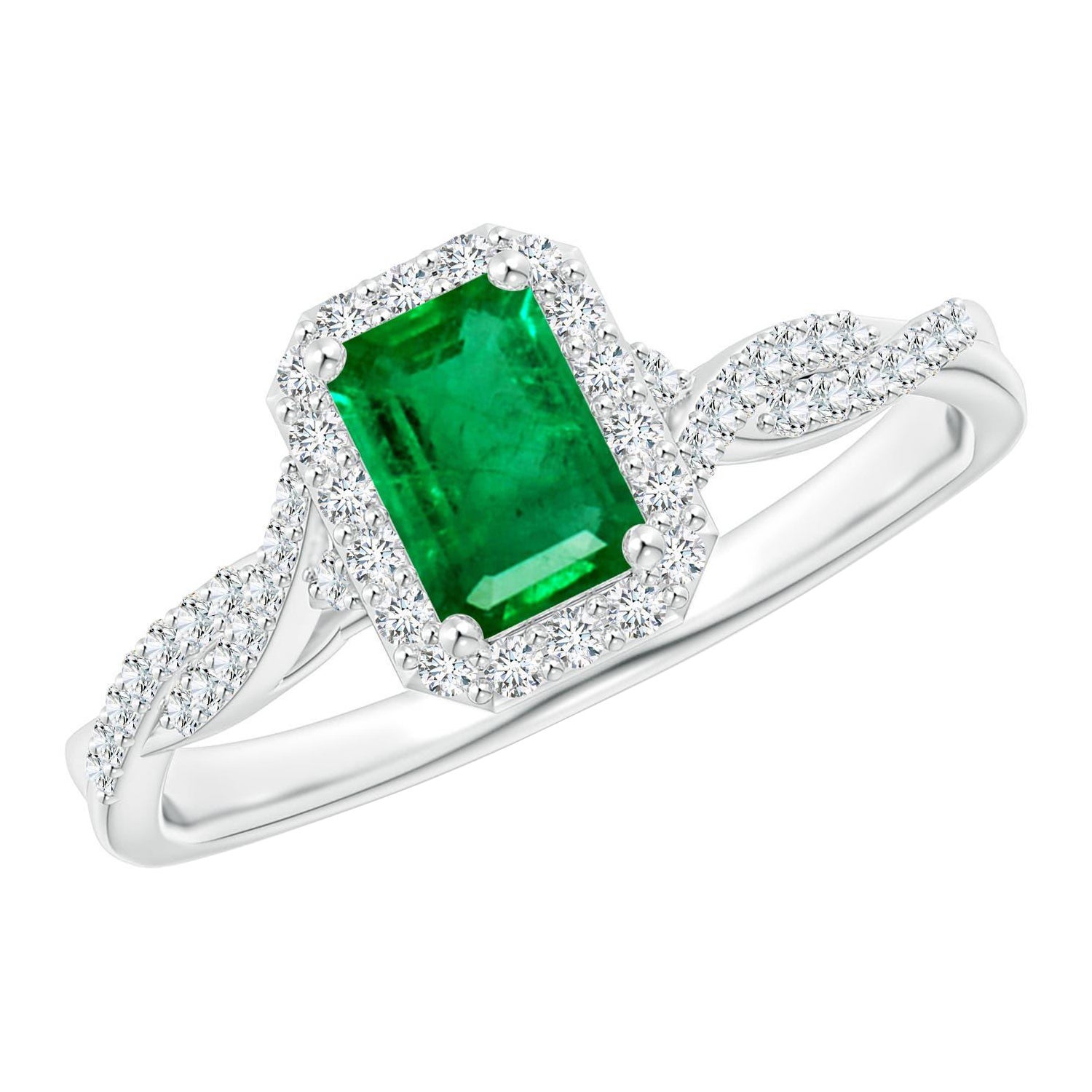 Angara Natural Emerald-Cut Emerald Halo Twisted Shank Ring in 14K Solid Gold