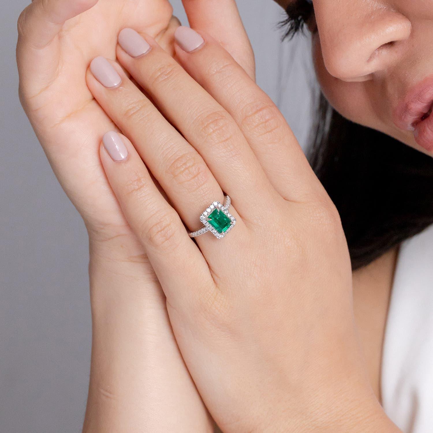 Modern Angara Natural Emerald-Cut Emerald Ring with Diamond Halo in 14K Solid Gold For Sale