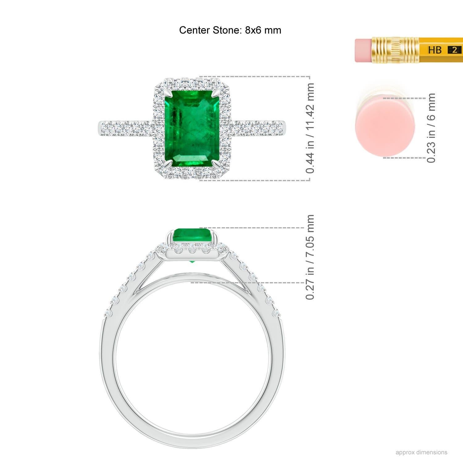 Women's Angara Natural Emerald-Cut Emerald Ring with Diamond Halo in 14K Solid Gold For Sale