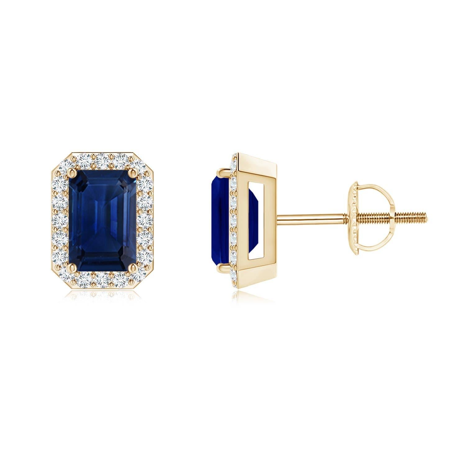 Angara - Boucles d'oreilles saphir taille émeraude naturelle avec halo de diamants en or 14K Neuf - En vente à Los Angeles, CA
