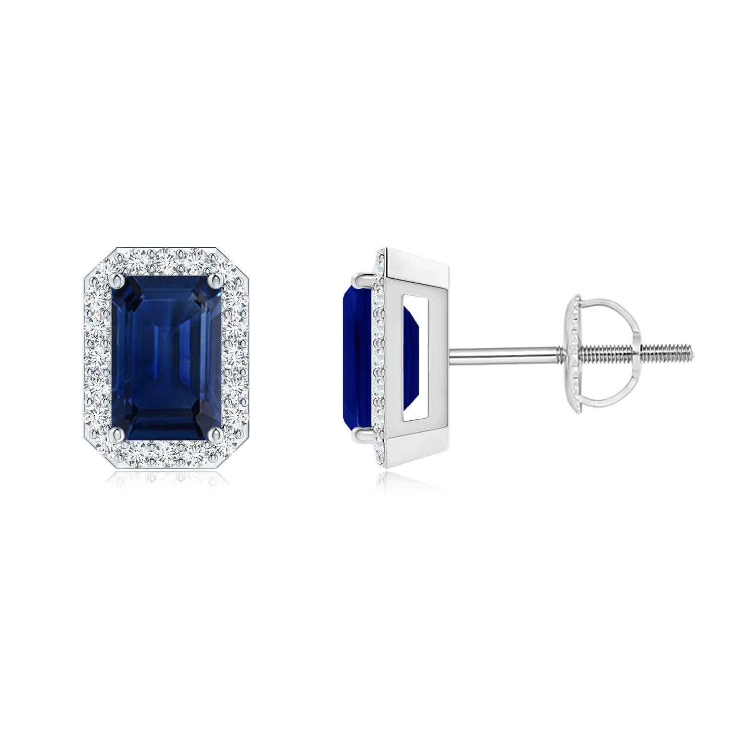 Angara - Boucles d'oreilles saphir taille émeraude naturelle avec halo de diamants en or 14K Pour femmes en vente