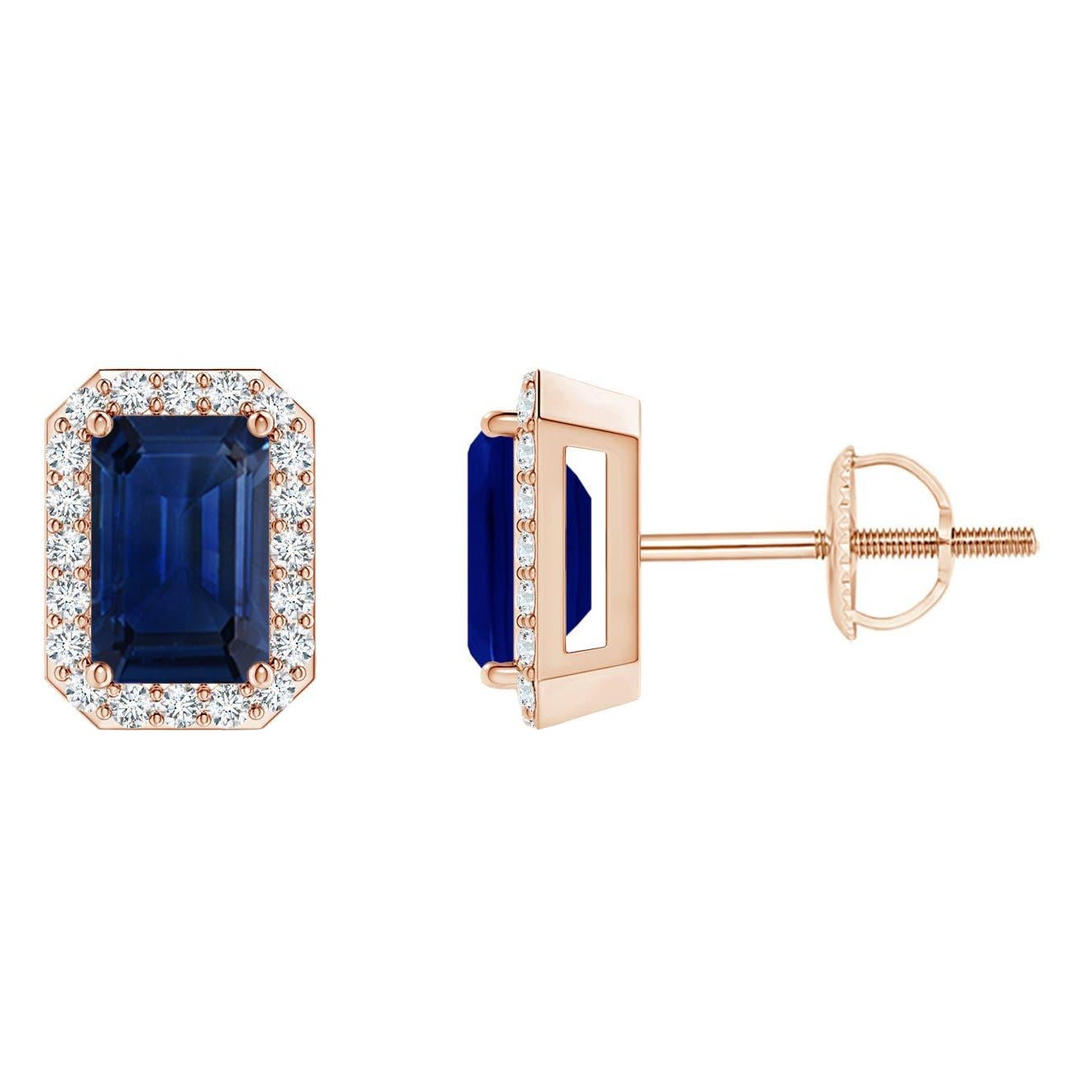 Angara - Boucles d'oreilles saphir taille émeraude naturelle avec halo de diamants en or 14K