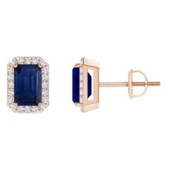 Angara - Orecchini con zaffiro naturale taglio smeraldo e diamante aureolato in oro 14K