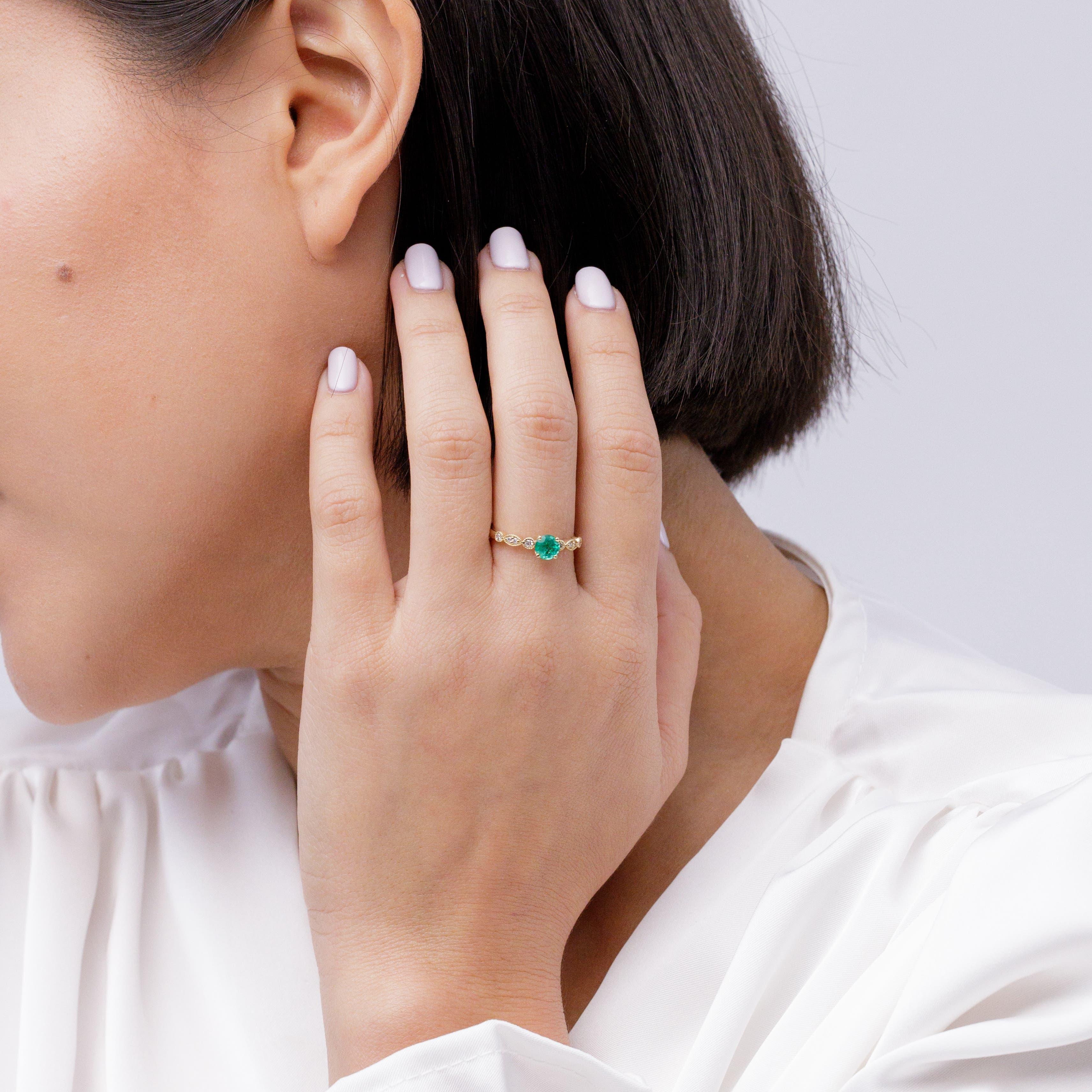 Modern Angara Natural Emerald Engagement Ring with Diamonds in 14K Solid Gold for Women For Sale