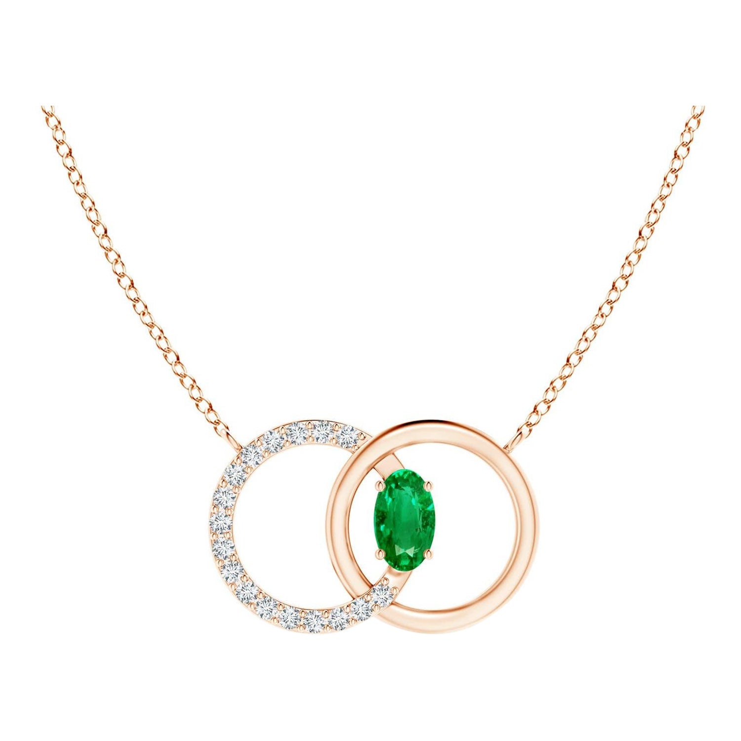 Angara Natural Emerald Interlocking Circle Necklace with Diamond 14K Rose Gold