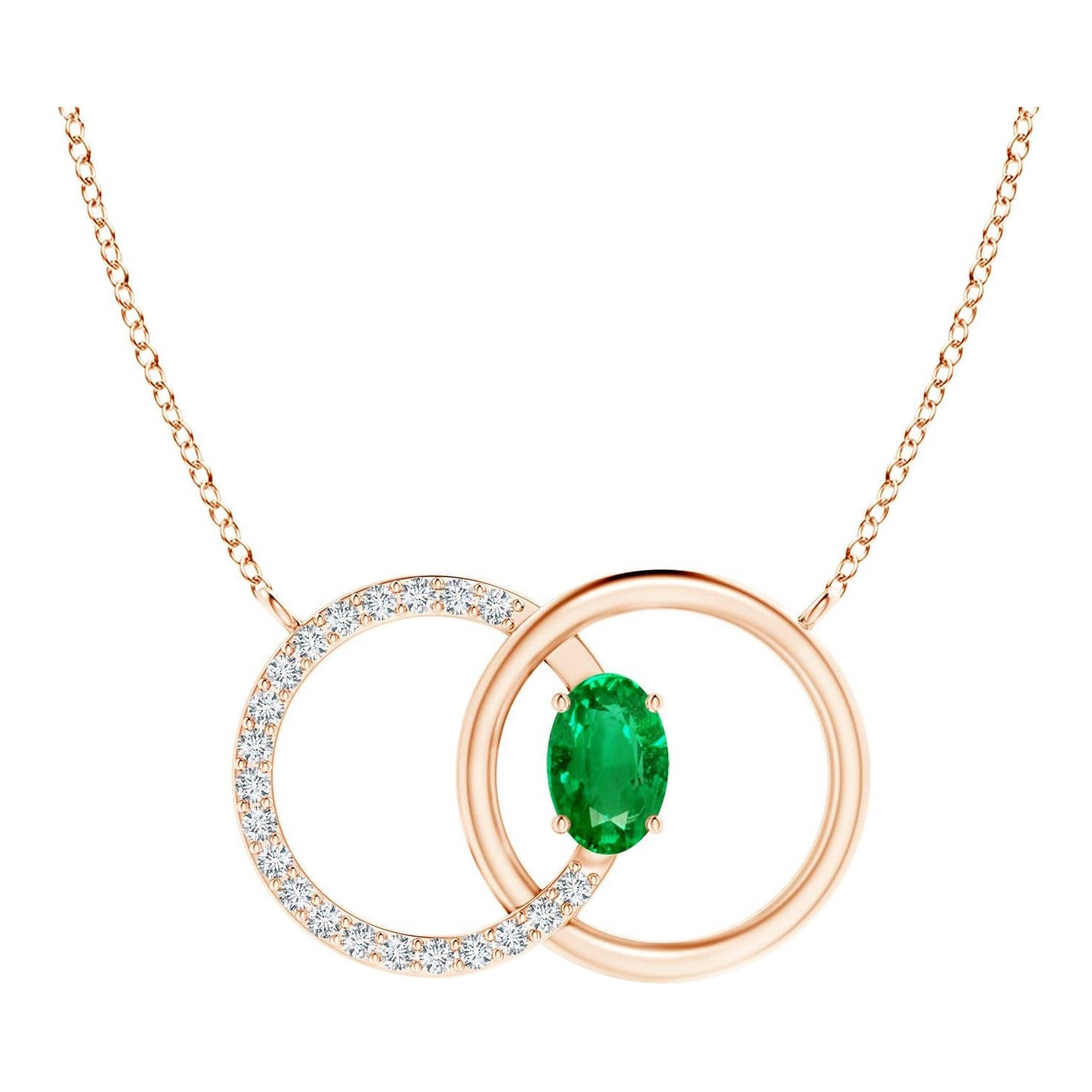 Angara Natural Emerald Interlocking Circle Necklace with Diamond 14K Rose Gold