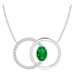 Angara Natural Emerald Interlocking Circle Necklace with Diamond 14K White Gold
