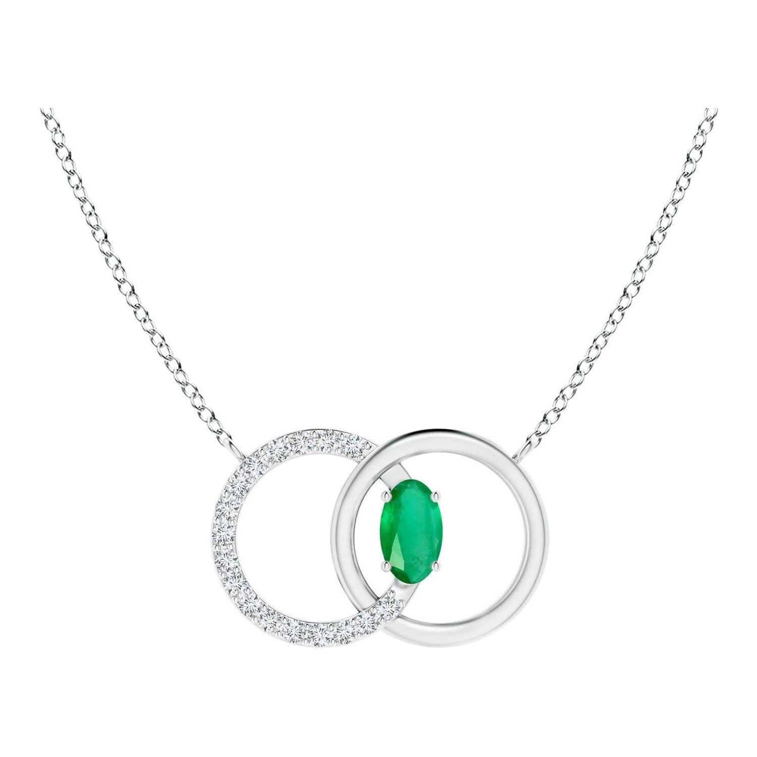 Collana Angara con cerchio intrecciato di smeraldi naturali e diamanti in oro bianco 14 carati