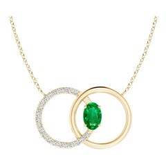 Angara Natural Emerald Interlocking Circle Necklace with Diamond 14K Yellow Gold