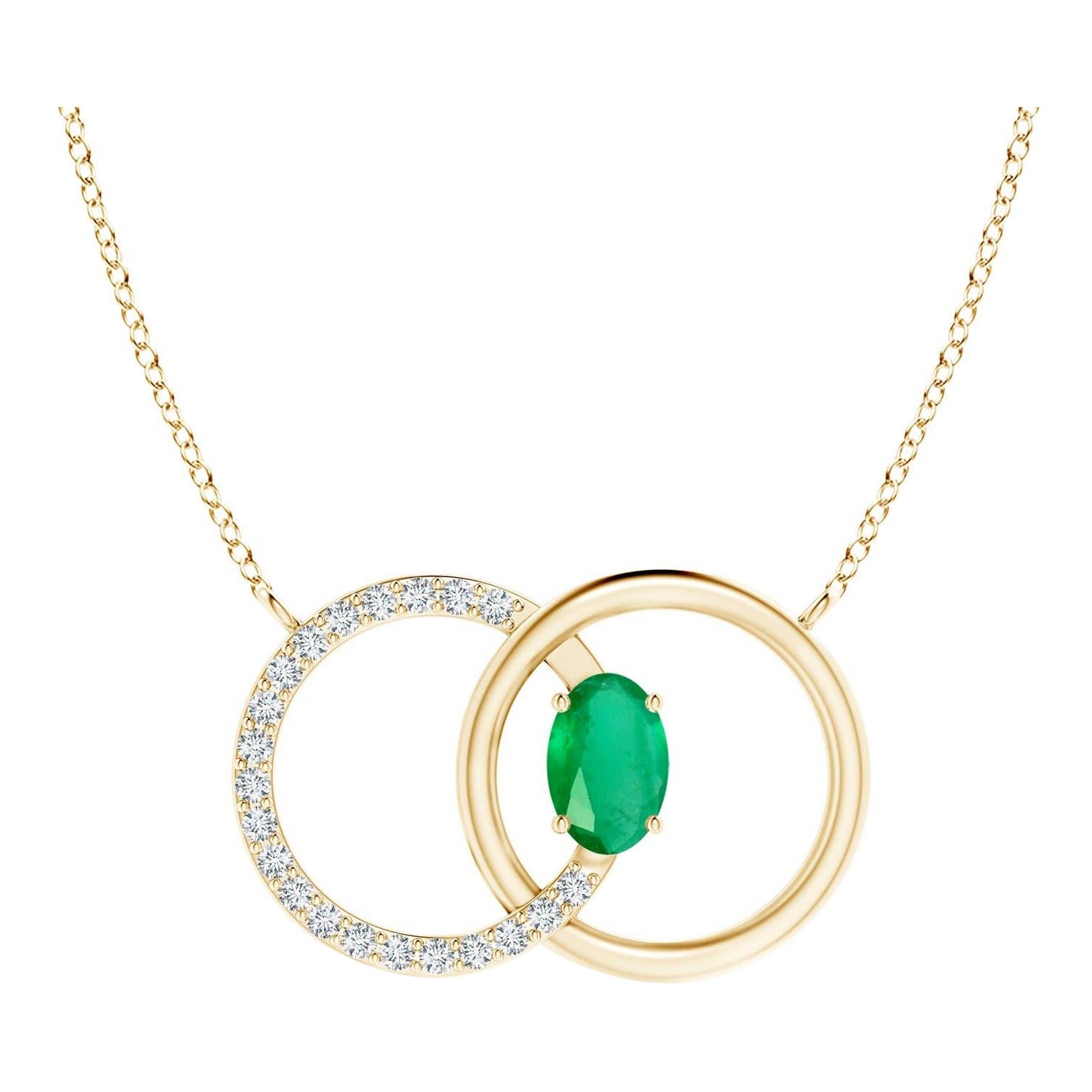 Collana Angara con cerchio intrecciato di smeraldi naturali e diamanti in oro giallo 14 carati