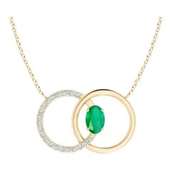 Angara Natural Emerald Interlocking Circle Necklace with Diamond 14K Yellow Gold