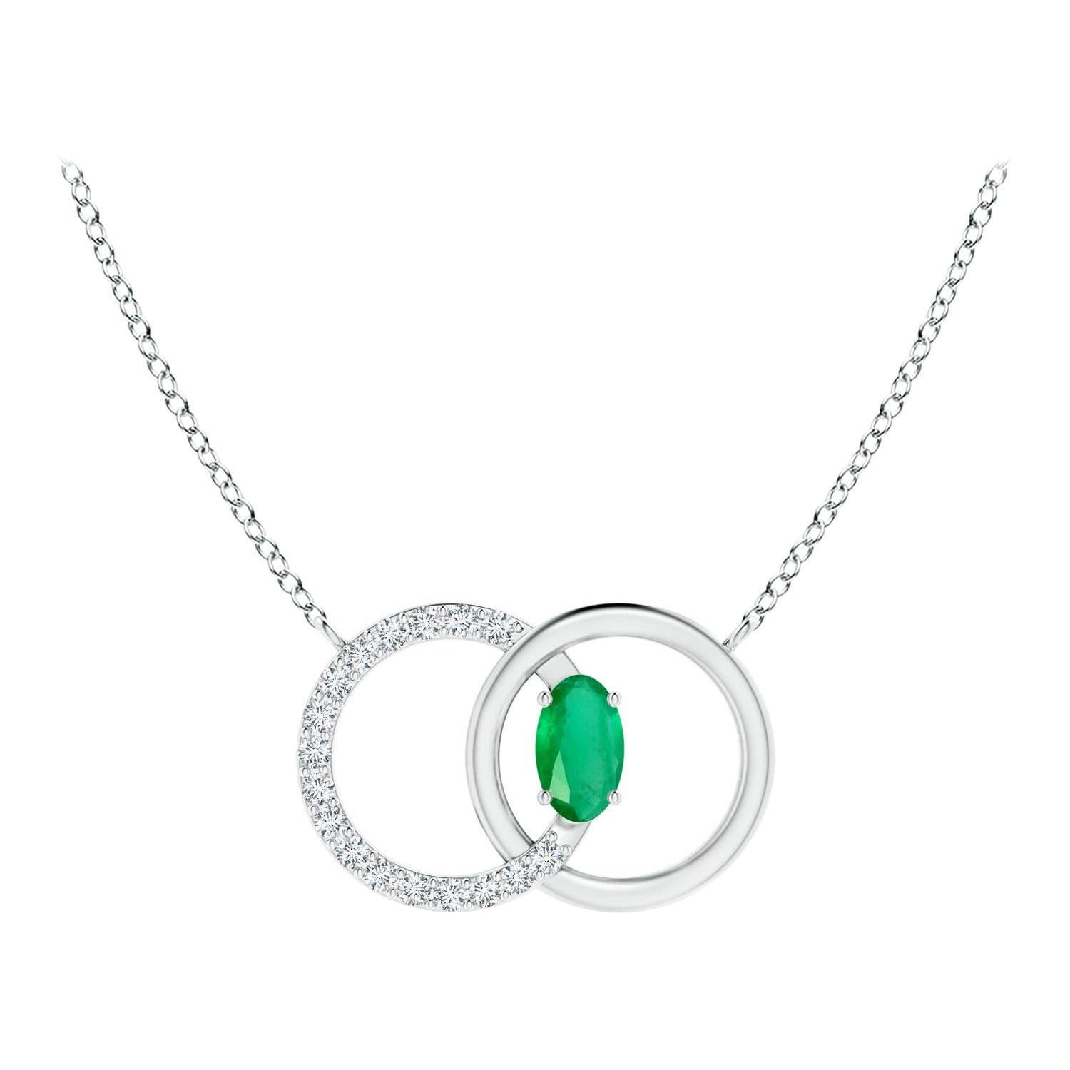 Angara Natural Emerald Interlocking Circle Necklace with Diamond in Platinum
