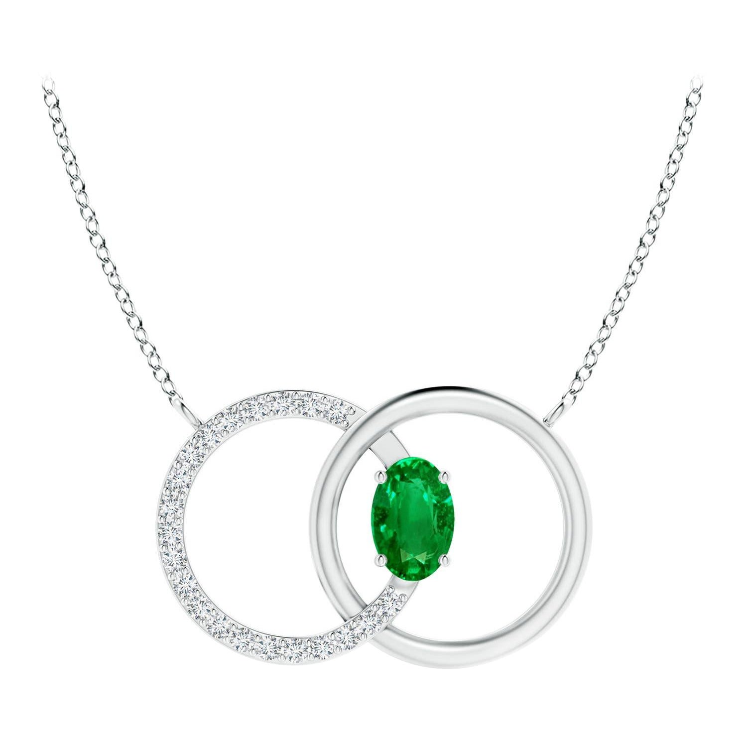 Angara Natural Emerald Interlocking Circle Necklace with Diamond in Platinum