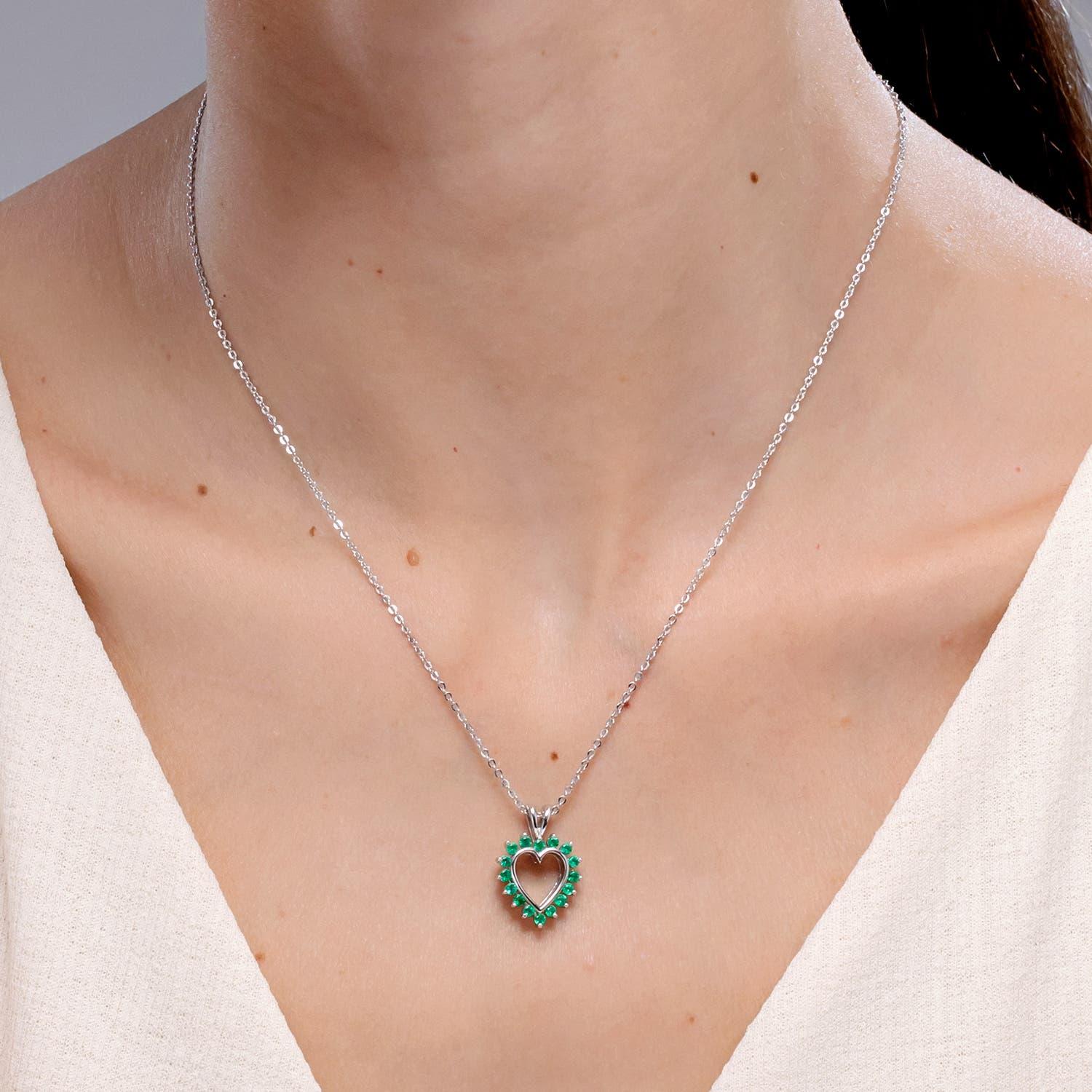 Modern Angara Natural Emerald Open Heart V-Bale Pendant in 14K Solid Gold for Women For Sale